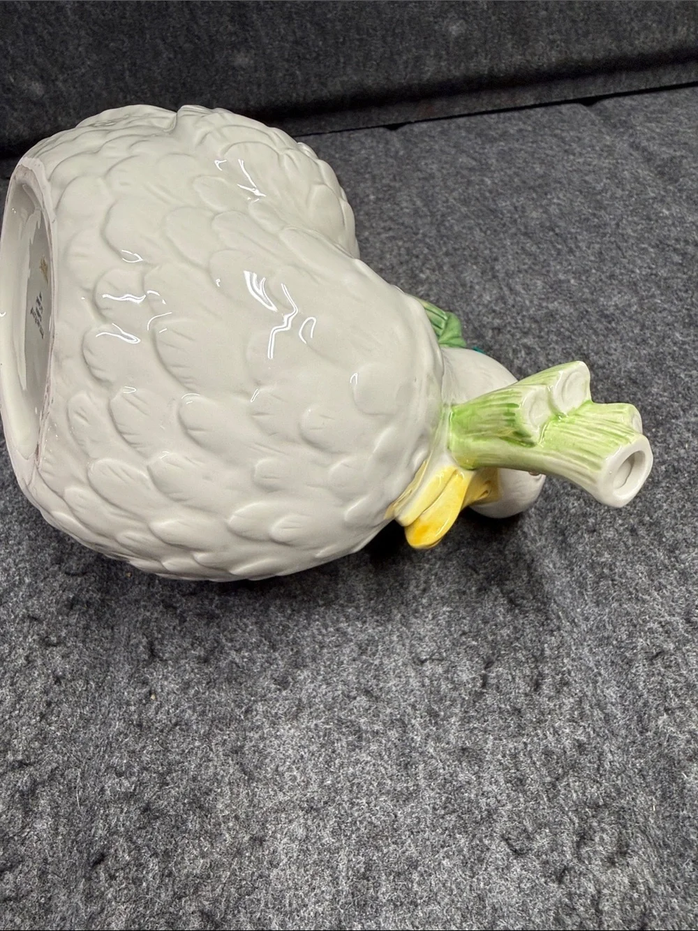 Fitz and Floyd White Duck tea pot with Green Handle and Orange Carrot Accent